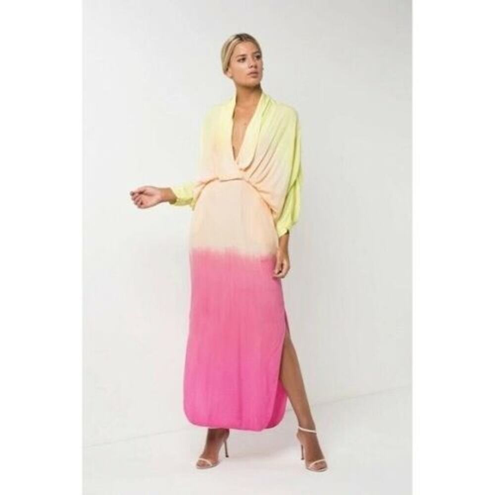 SWF Sunset Ombré Boho Maxi Dress Plunge Neckline Dolman Sleeves Size Small
